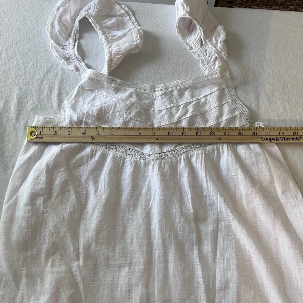 Shabby Chic White Pink‎ Striped Nightgown Square Neck Lace Ruffle Cotton Size M